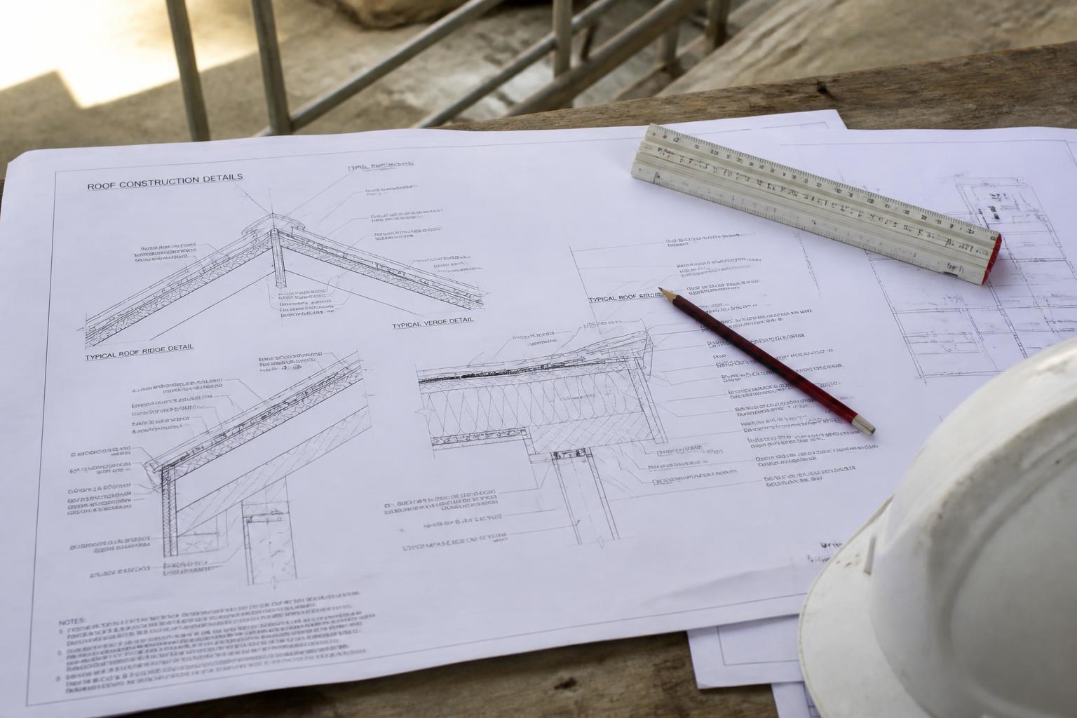 Technische dakdetails en bouwplannen op een werftafel