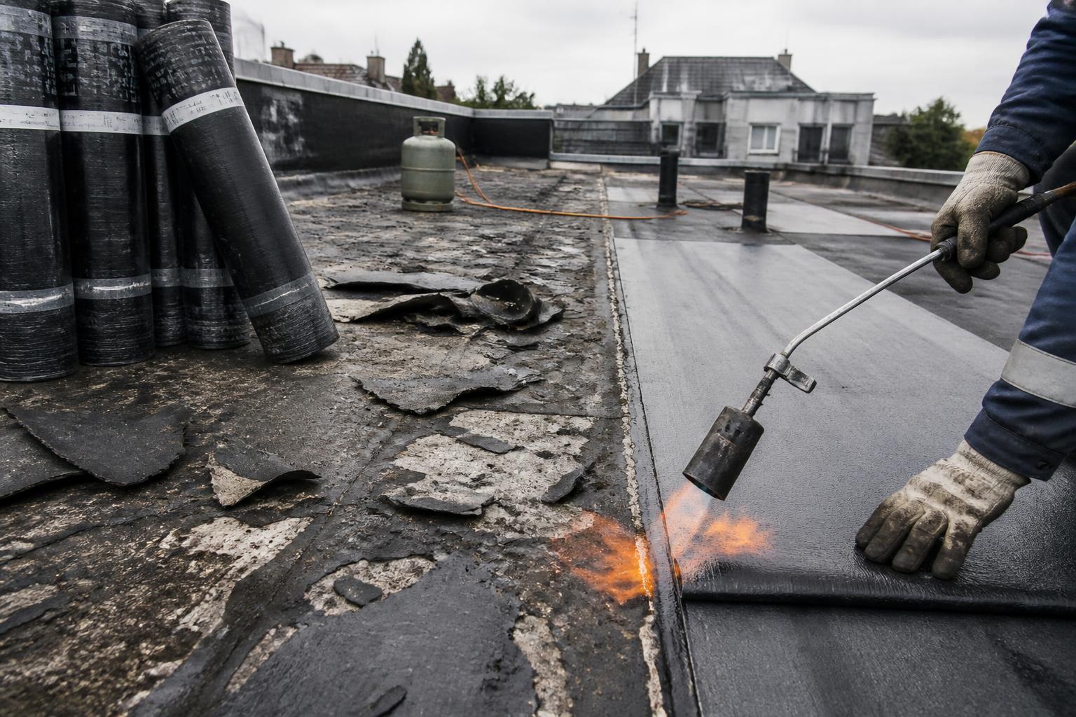 Renovatie van een plat dak: oude bitumenlagen verwijderd, nieuwe roofing geplaatst