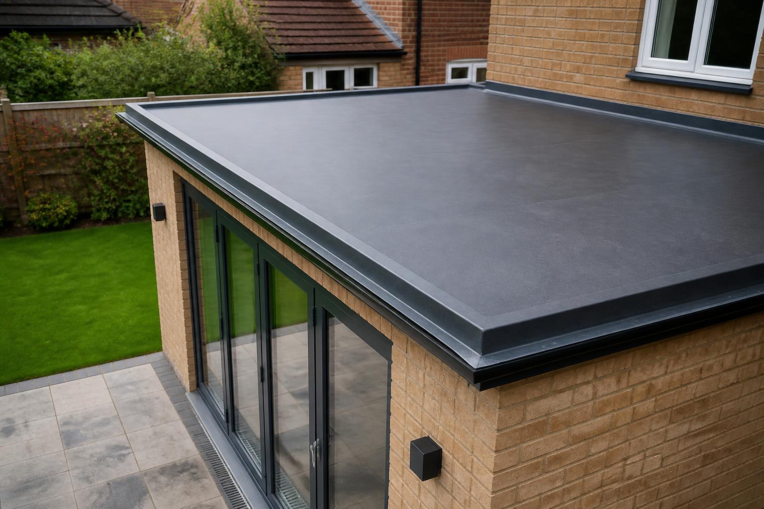 Plat dak met EPDM op een aanbouw van een woning
